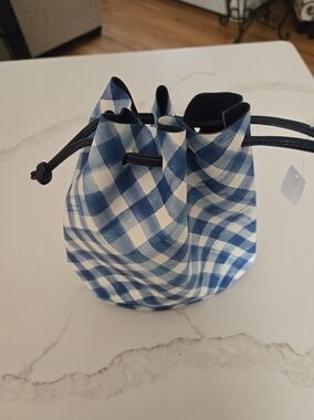 Blue Checkered Drawstring Bucket Bag